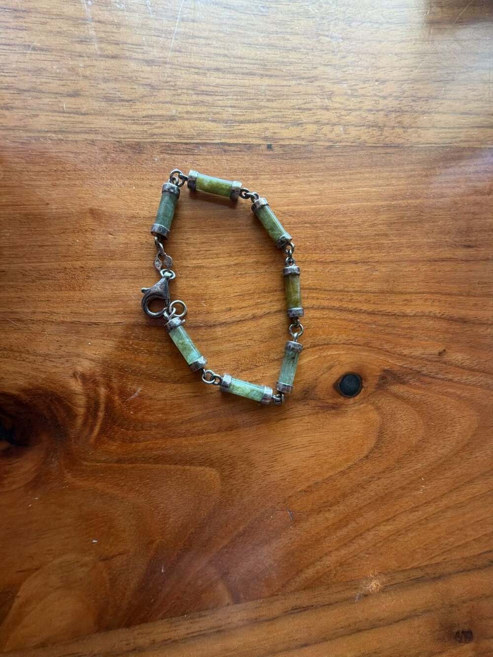 Vintage Sterling Silver Green Jade Tube Link Bracelet 925